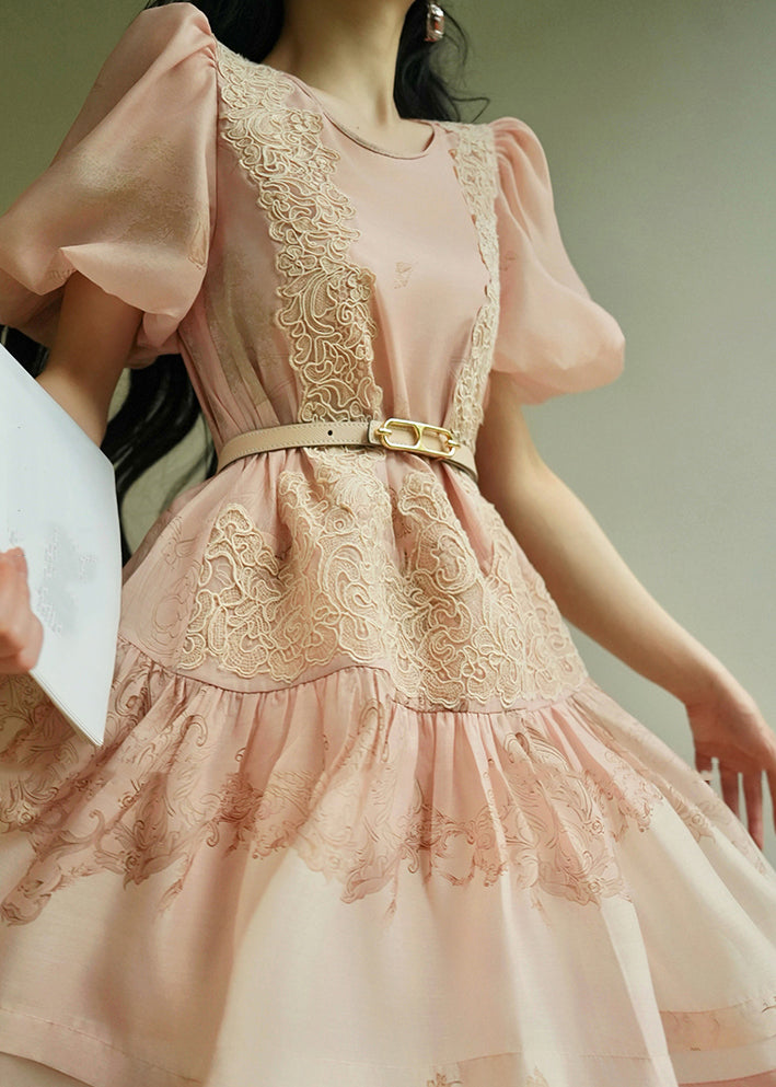 Pink O-neck Embroidered Mid Dresses Summer