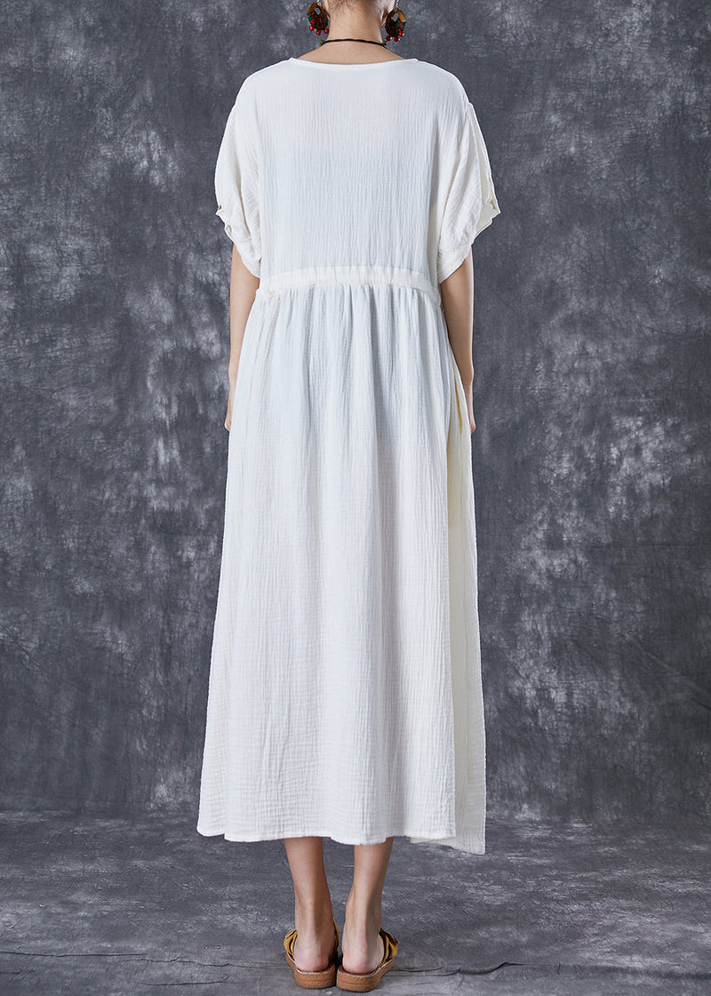 White Cinched Pockets Cotton Holiday Dress Summer