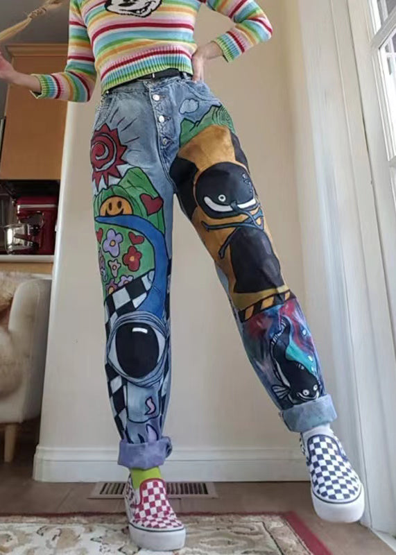 Blue Cartoon Printed Denim Pant Spring