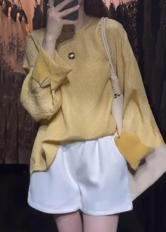 Yellow O-neck Cotton Tops Long Sleeve