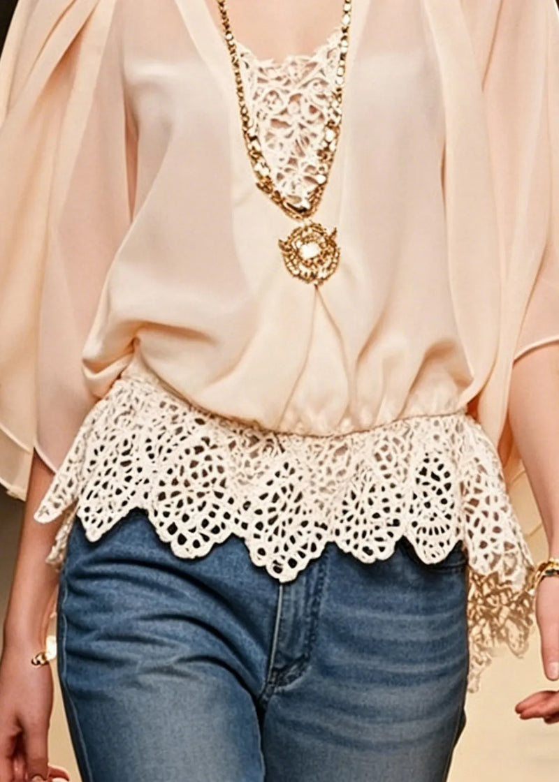 Pink Hollow Out Lace Patchwork Chiffon Shirts Batwing Sleeve