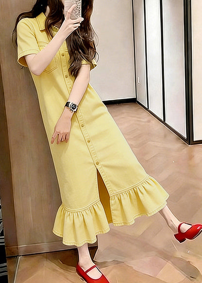 Classy Yellow Ruffled Patchwork Denim Maxi Dresses Summer