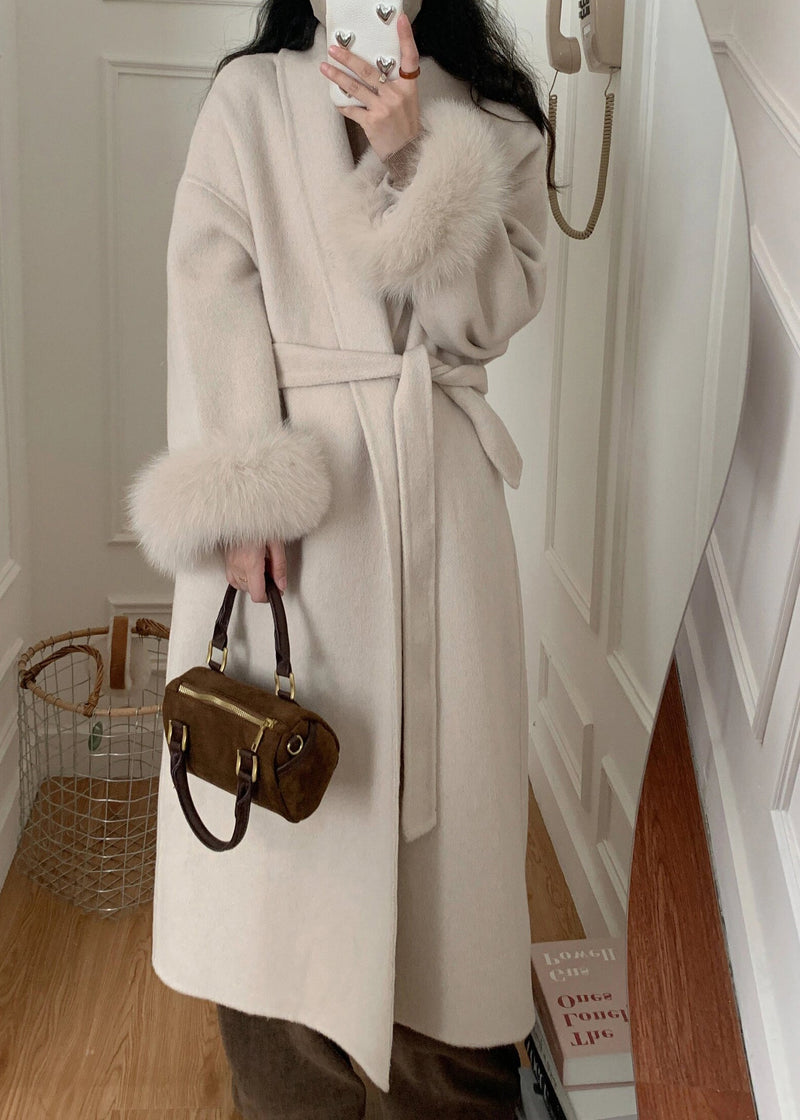 Grey Fox Fur Patchwork Woolen Duster Coat Winter