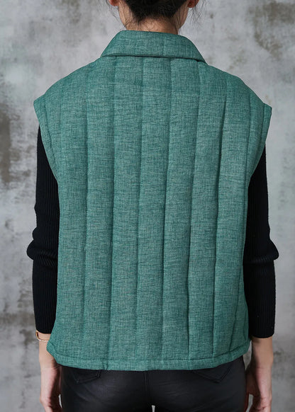 Green Thick Fine Cotton Filled Vest Peter Pan Collar Pockets Spring