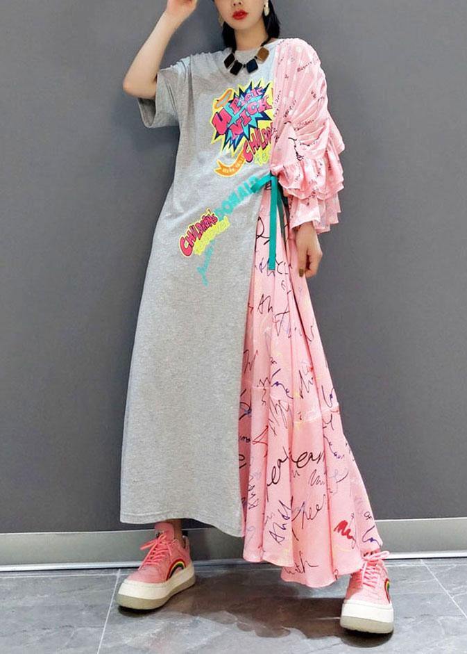 Boutique Patchwork O-neck Print Half Sleeve Asymmetrical Design Fall Cotton Long Dress