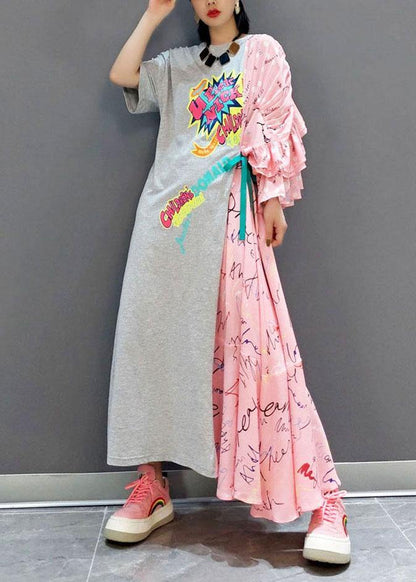 Boutique Patchwork O-neck Print Half Sleeve Asymmetrical Design Fall Cotton Long Dress
