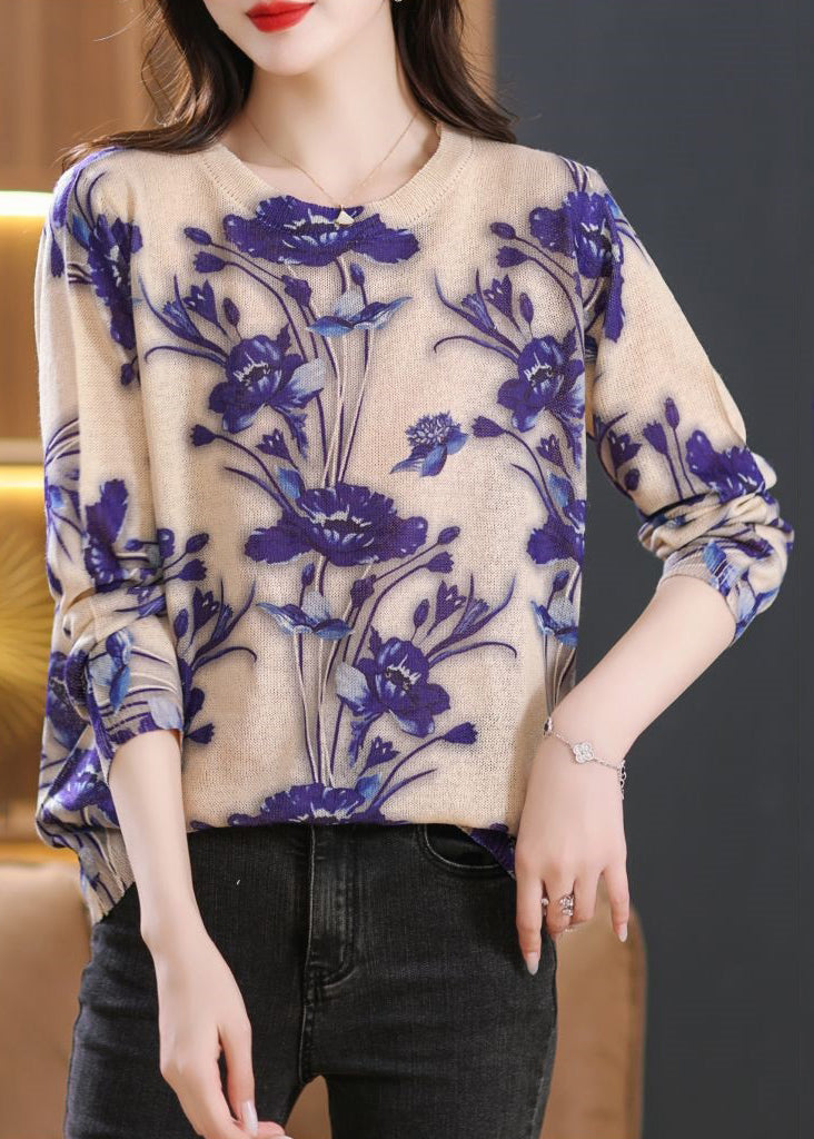 Purple O Neck Print Patchwork Knit Sweaters Fall