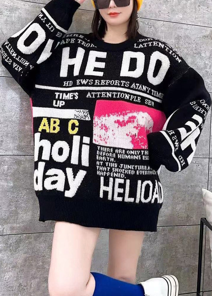 White O Neck Graphic Knit Sweater Spring