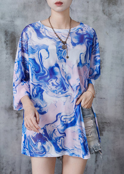 Fine Blue Oversized Print Chiffon Upf 50+ Top Fall