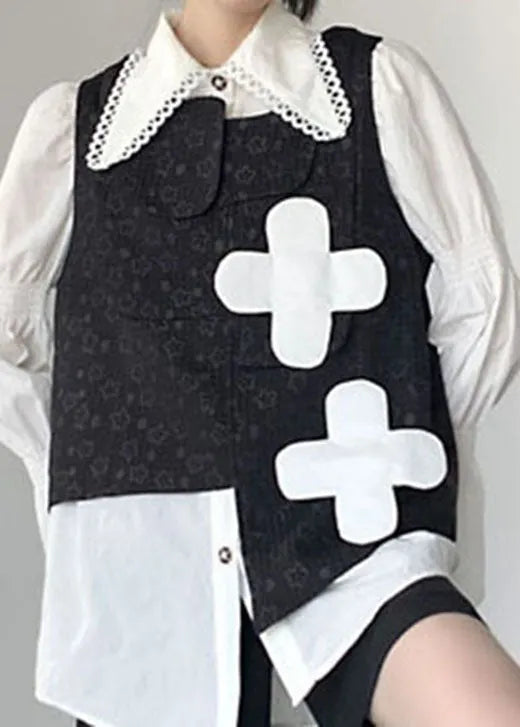 Black Print Asymmetrical Design Fall Vest