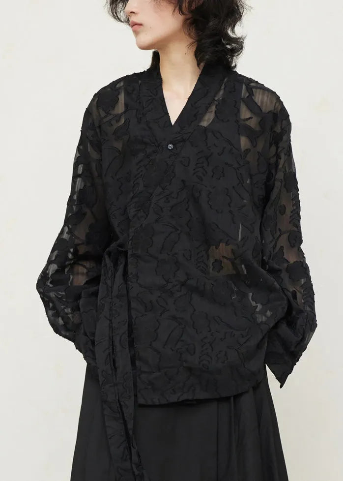 Black V Neck Tie Waist Lace Top Fall