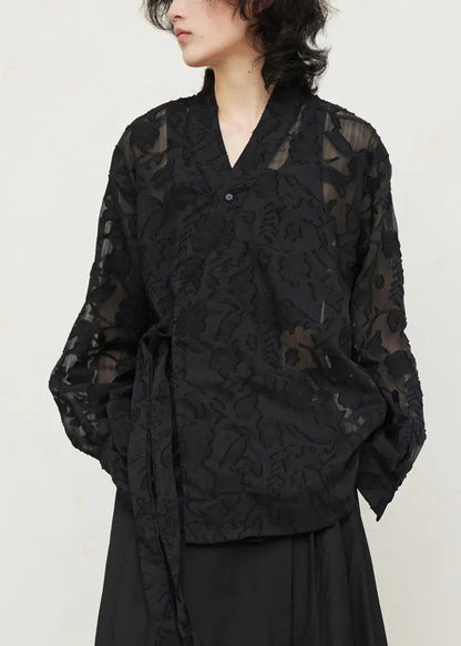 Black V Neck Tie Waist Lace Top Fall