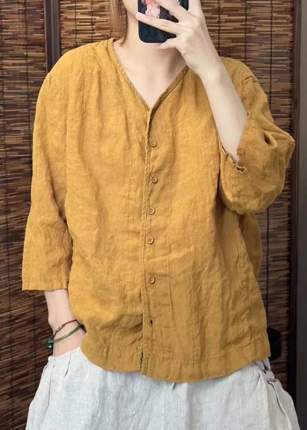 Green O Neck Button Linen Shirt Summer