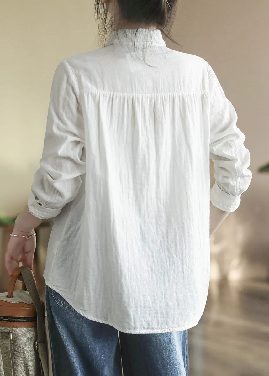 Art White Peter Pan Collar Button Embroideried Cotton Shirt Tops Spring