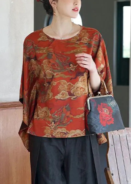 New Red O-neck Print Silk T Shirt Half Sleeve