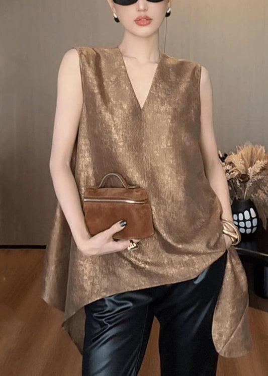 Khaki V Neck Asymmetrical Silk Tank Sleeveless