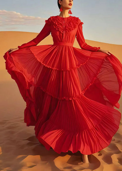 Red Ruffled Exra Large Hem Chiffon Holiday Dress Spring