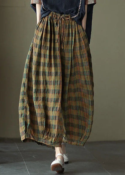 Yellow Plaid Print Cotton Wide Leg Pants Drawstring Spring