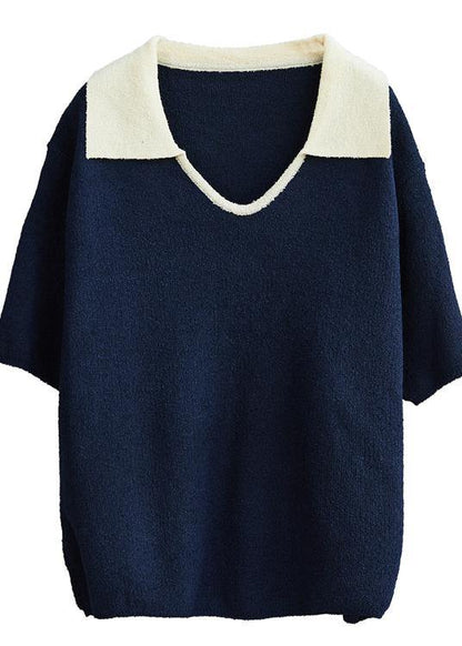 Blue Cotton Blouse Polo Collar Oversized Summer Shirt Style