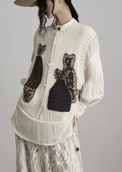 White Embroideried Wool Knit Vests Spring