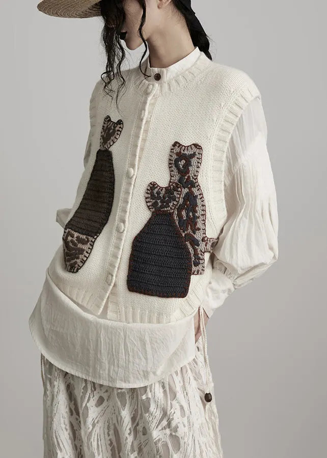 White Embroideried Wool Knit Vests Spring