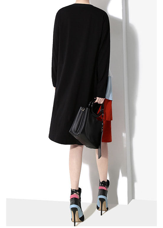 Stylish Black O-neck Ruffles Patchwork Dress Spring