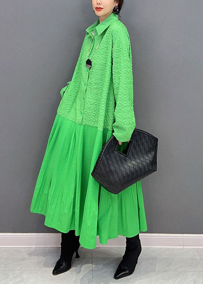 Green Peter Pan Collar Patchwork Jacquard Pleated Dress Spring