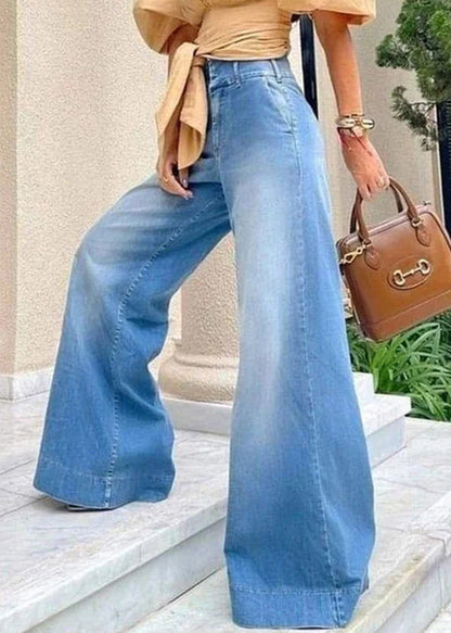 Simple Blue Pockets High Waist Denim Wide Leg Pants Summer
