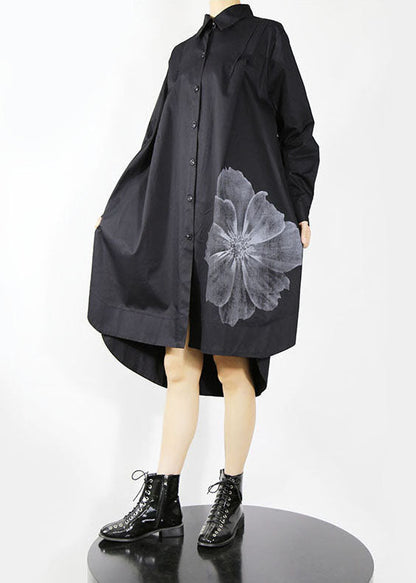 Natural Black Button Peter Pan Collar Shirt Dresses Spring