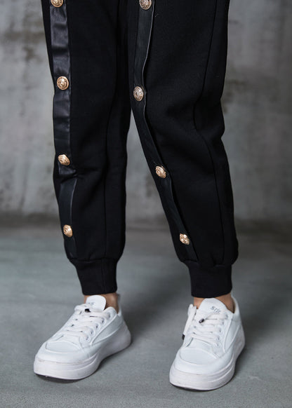 Black Metal Buttons Patchwork Warm Fleece Pants Winter