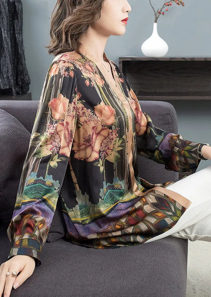 V Neck Print Silk Top Long Sleeve