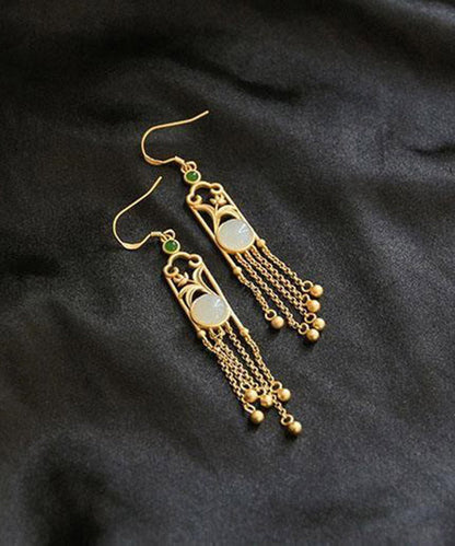 White Sterling Silver Jade Tassel Drop Earrings
