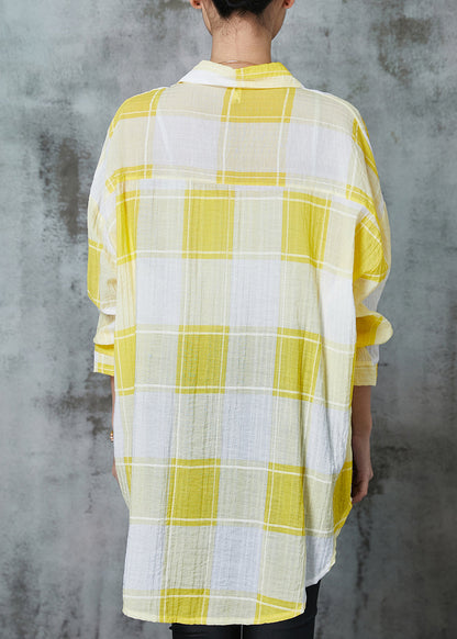 Classy Yellow Oversized Plaid Cotton Upf 50+ Tops Spring