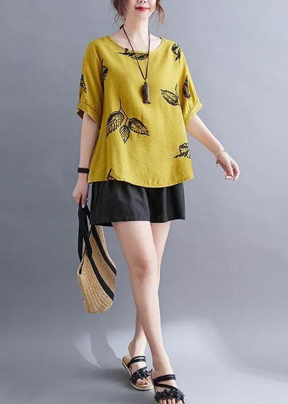 Yellow Half Sleeve Shirt Tops Summer Cotton Linen