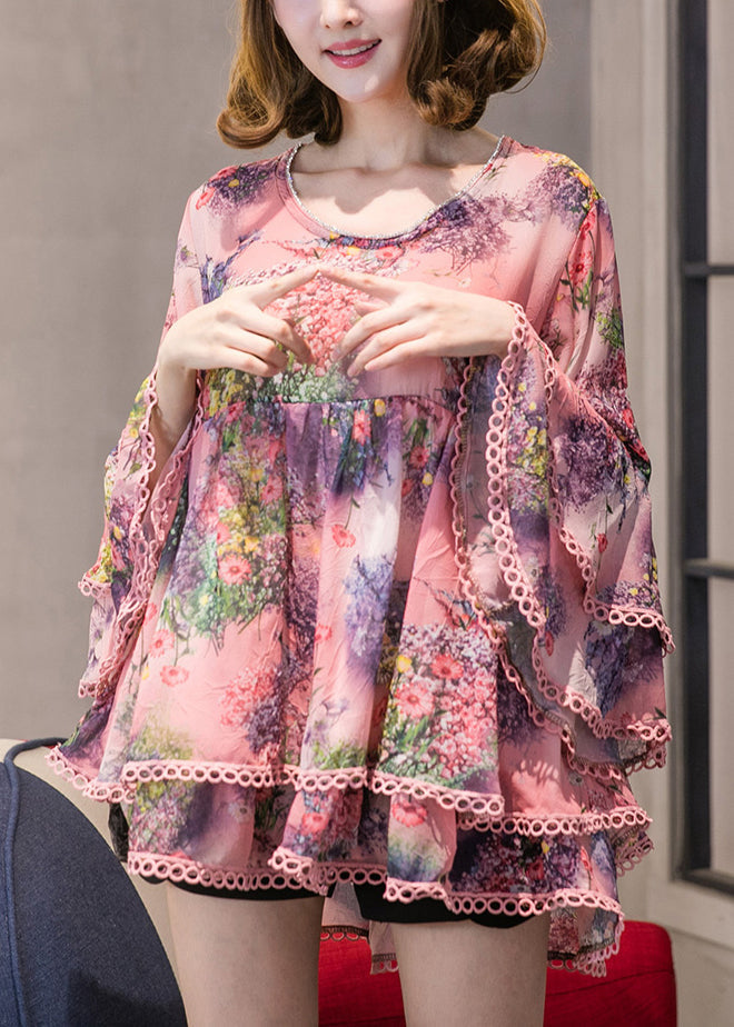 Pink O-neck Print Chiffon Top Long Sleeve