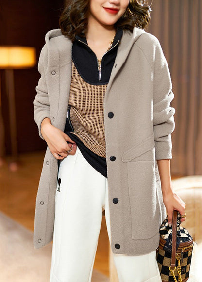 Khaki Hooded Pockets Patchwork Teddy Faux Fur Coat Fall
