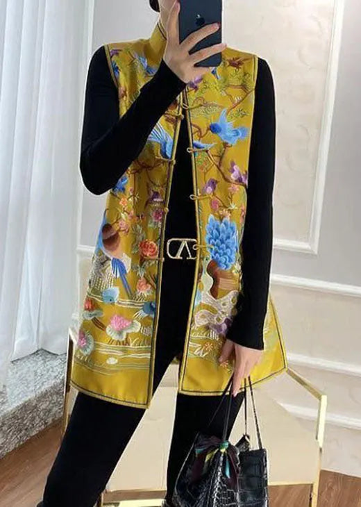 Diy Yellow Retro Print Side Open Button Fall Sleeveless Vest