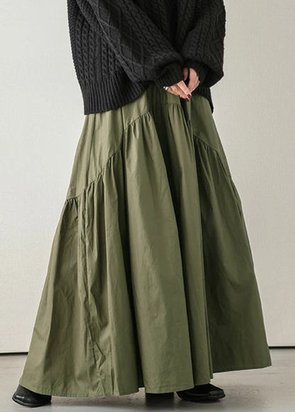 Loose Army Green Wrinkled Elastic Waist Cotton Skirt Spring