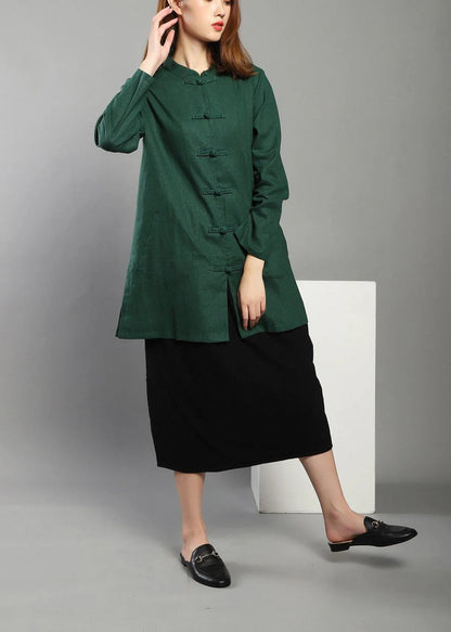 Green Low High Design Chinese Button Spring Shirt Tops