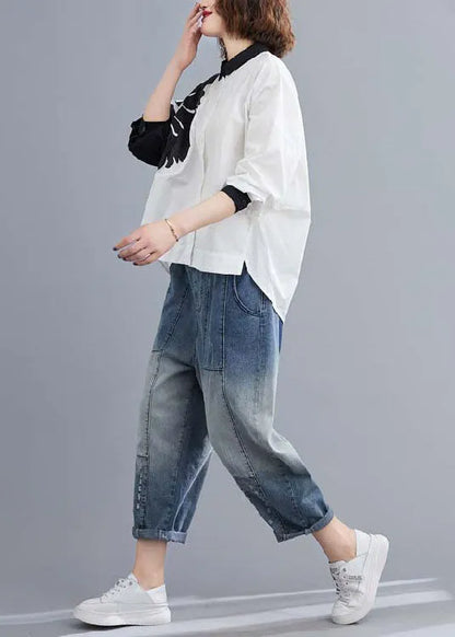 Fitted White Button Print Asymmetrical Design Fall Long Sleeve Blouse Tops