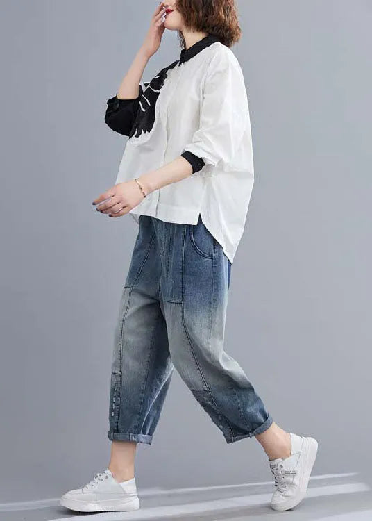 Fitted White Button Print Asymmetrical Design Fall Long Sleeve Blouse Tops