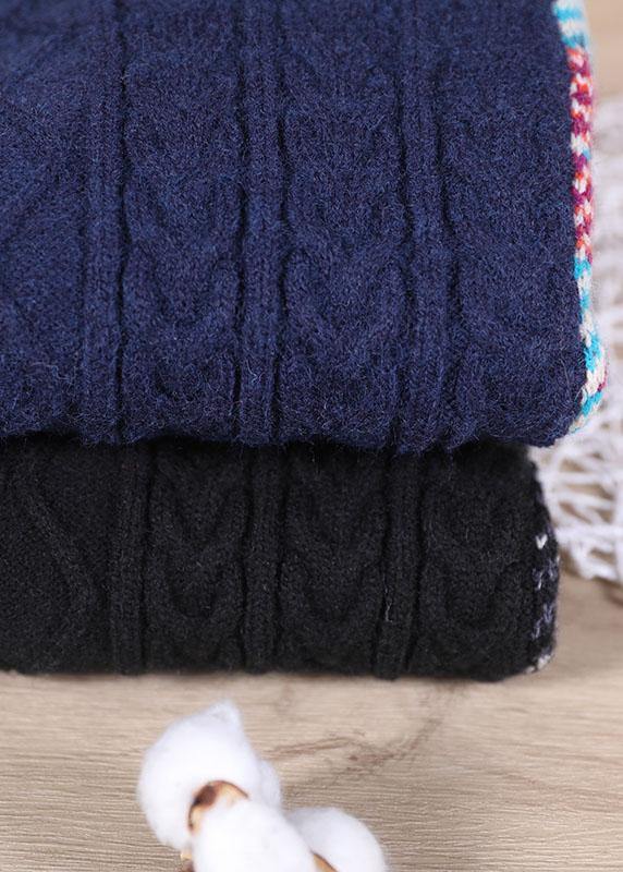 Fine Navy Patchwork High Neck Fall Knit Sweater