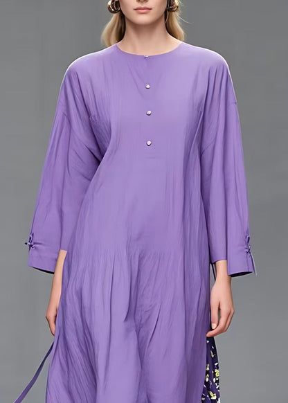 Simple Purple O-neck Print Patchwork Long Dress Fall