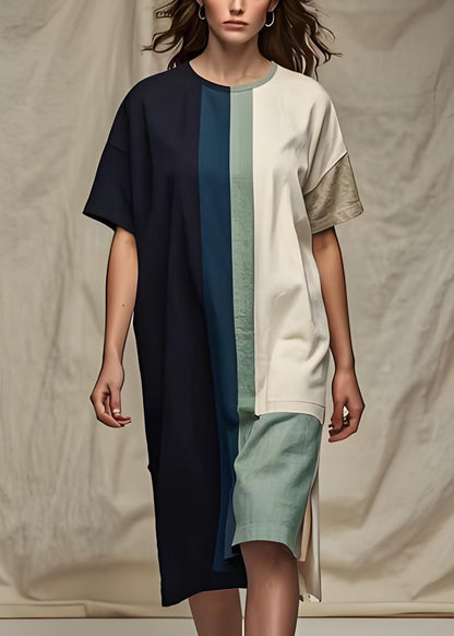 Colorblock O Neck Patchwork Cotton Dress Summer