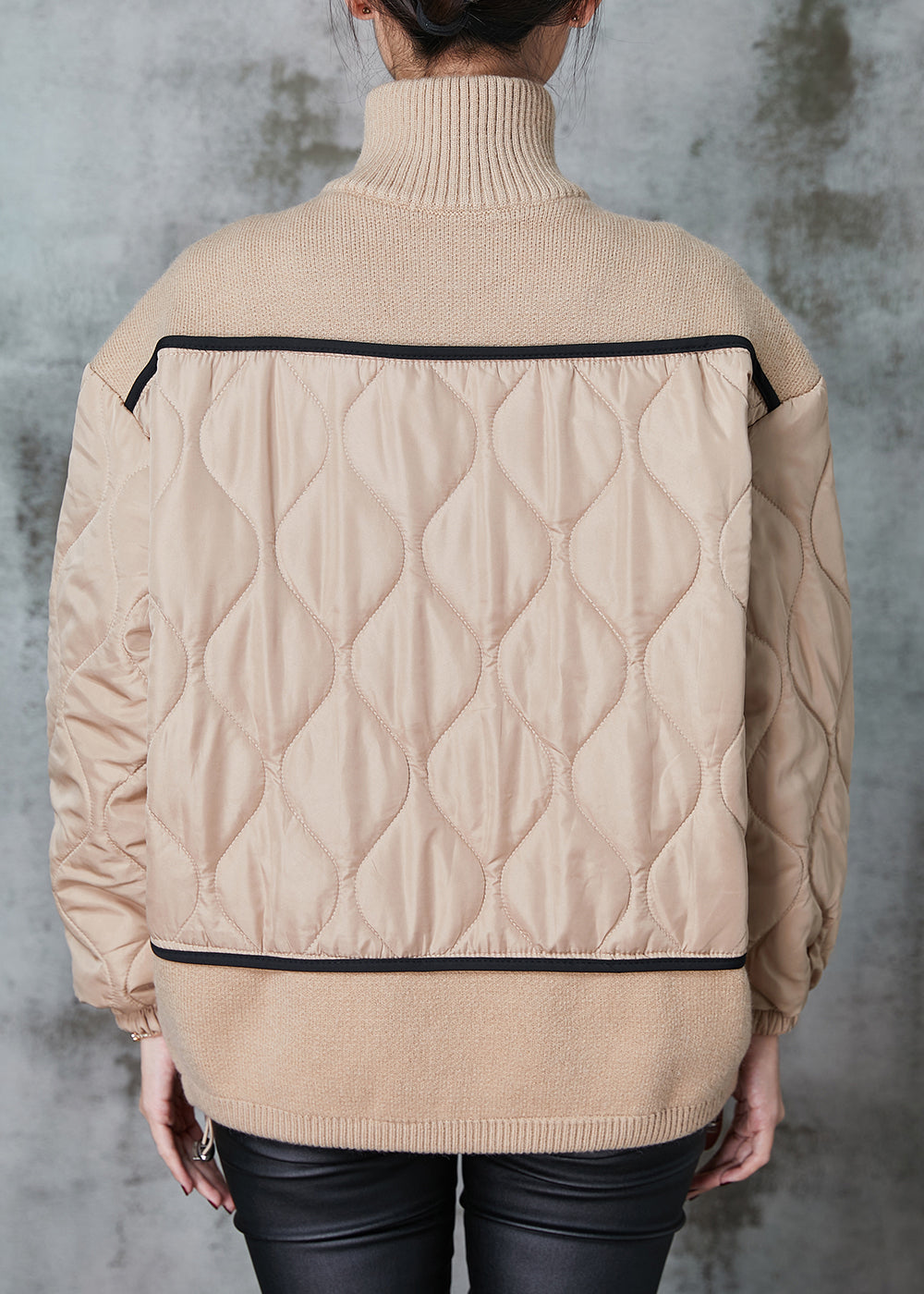 Khaki Stand Collar Patchwork Knit Fine Cotton Filled Coats Spring