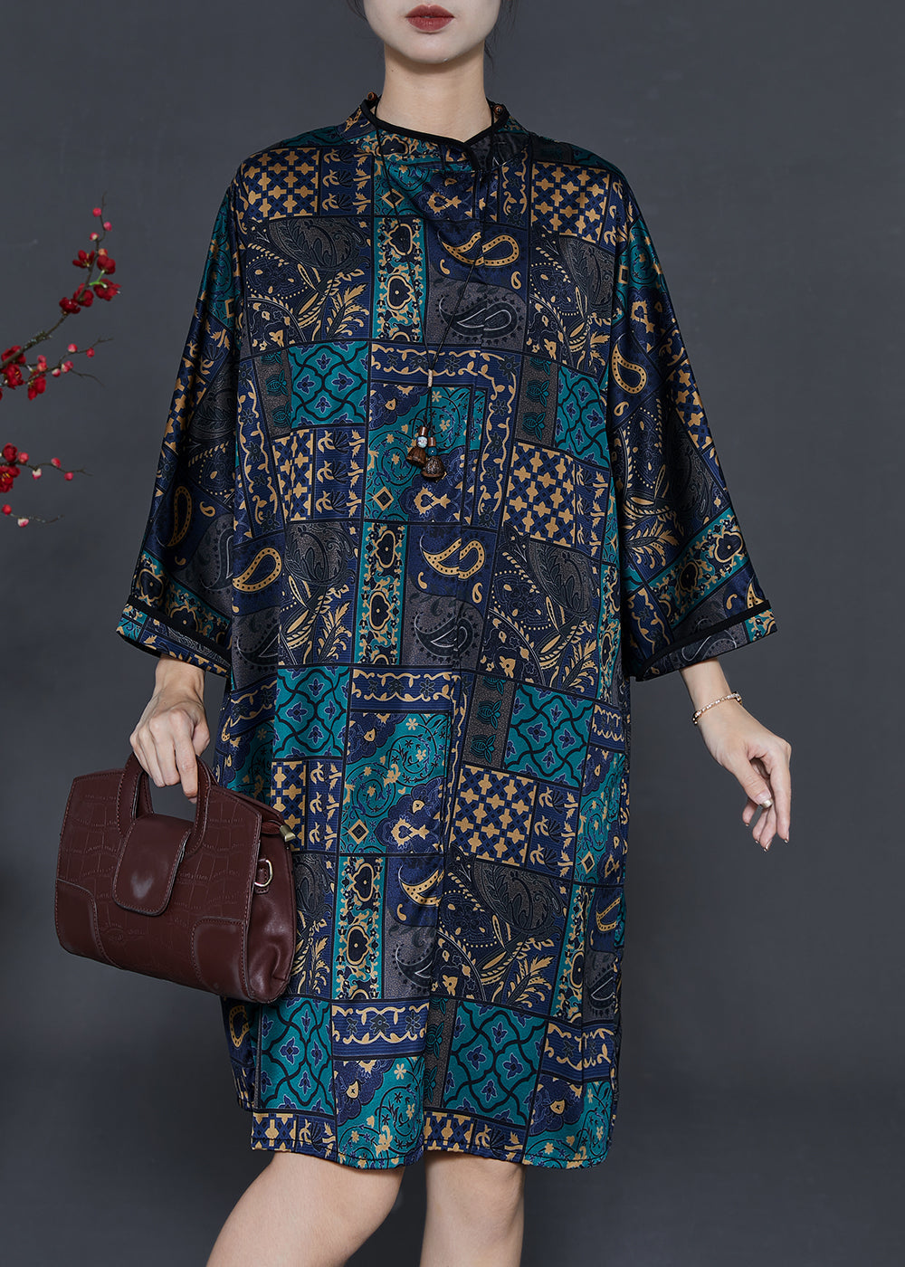 Black Stand Collar Print Silk Work Dress Fall