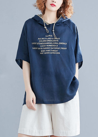 Blue Hooded Alphabet Print Cotton Pullover Summer