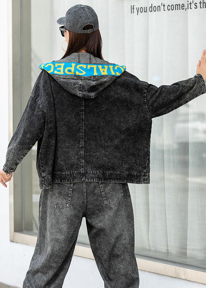 Denim Patchwork Knit Pockets Hooded Fall Coats Long Sleeve