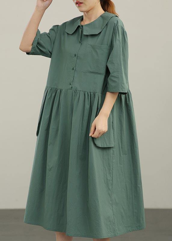 Yellow Peter Pan Collar Button Pockets Long Dresses Summer Cotton