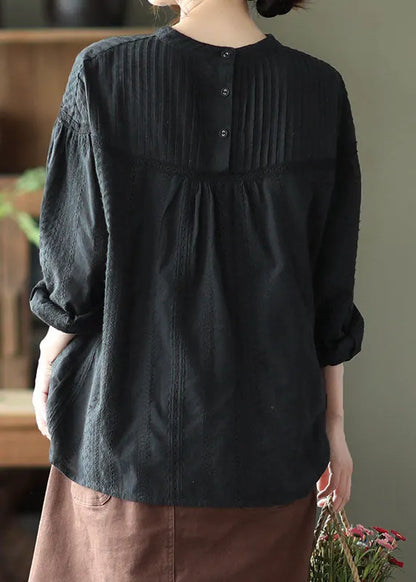 Black Hollow Out Wrinkled Cotton Shirt Top Spring